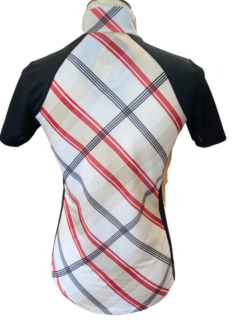 New San Soleil Short Sleeve Zip Mock Plaid Top w/ Sleeve Logo Size XS MSP$90