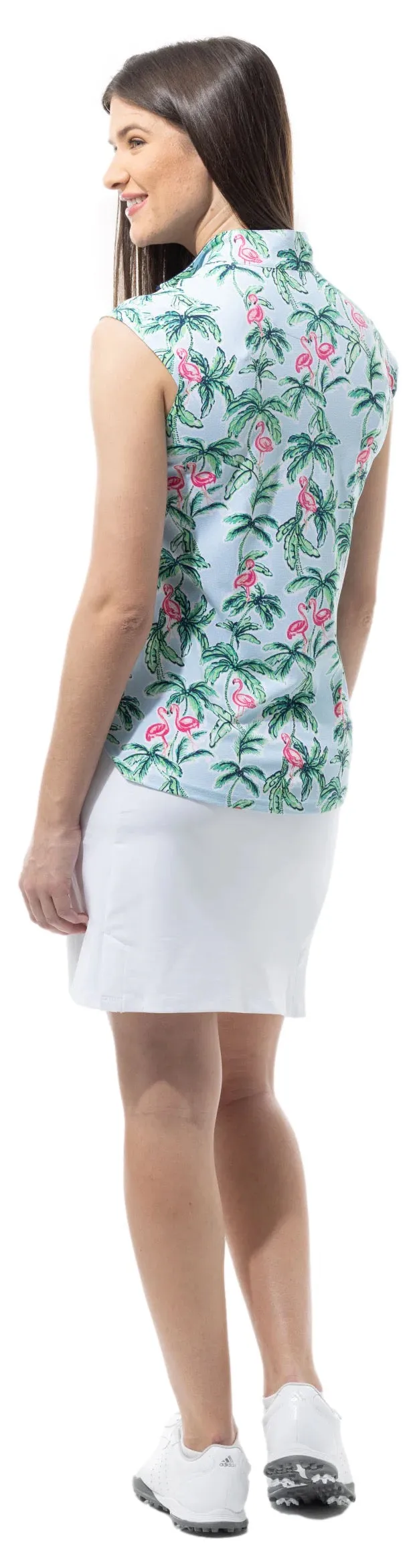 New San Soleil Social Sleeveless Mock Golf Top - Flamingos Size L MSP$92