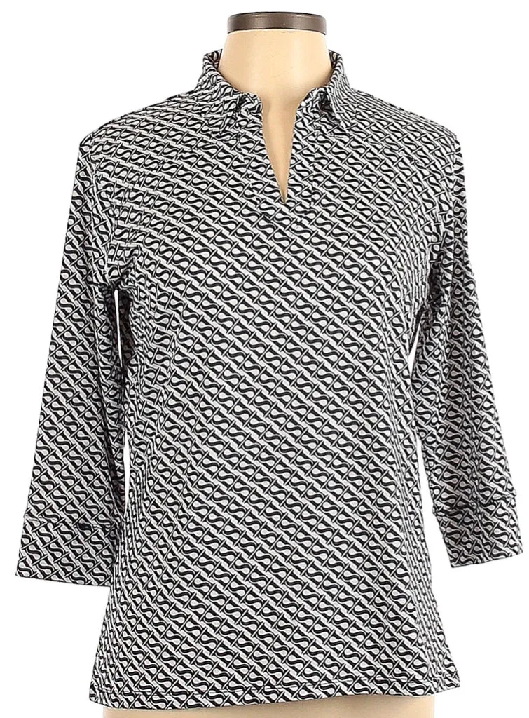 New Sport Haley White & Navy Patterned 3/4 Sleeve Polo Size L MSP$93