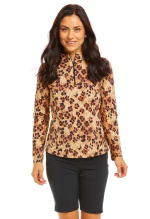 New Women's Ibkul Le Leopard Print Long Sleeve Zip Mock Sun Shirt Size M MSP$100