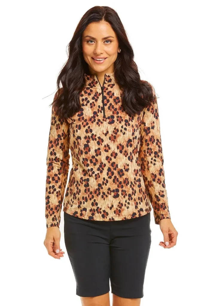 New Women's Ibkul Le Leopard Print Long Sleeve Zip Mock Sun Shirt Size M MSP$100
