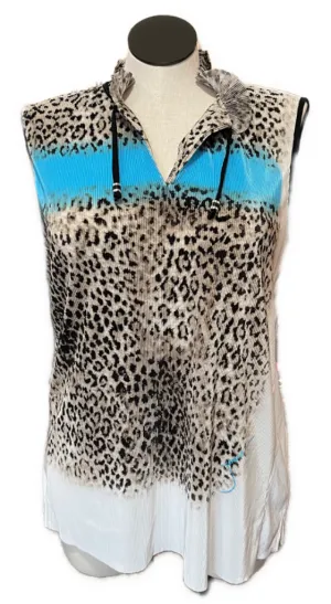 New Women's Jamie Sadock Blue, Cream & Taupe Animal Print Crinkle Sleeveless Golf Top Size XXL MSP$96