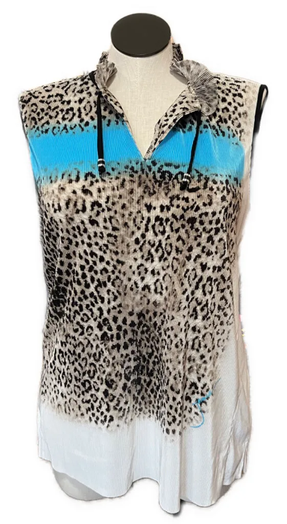 New Women's Jamie Sadock Blue, Cream & Taupe Animal Print Crinkle Sleeveless Golf Top Size XXL MSP$96