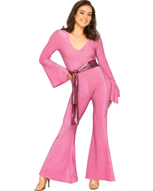 Night Fever Pink Sparkle 70s Womens Jumpsuit