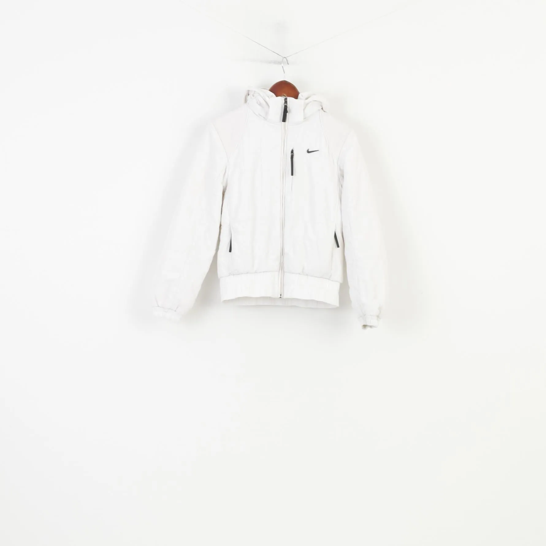 Nike Women 34 Jacket White Padded Hood Pockets Outwear Sport Vintage Top