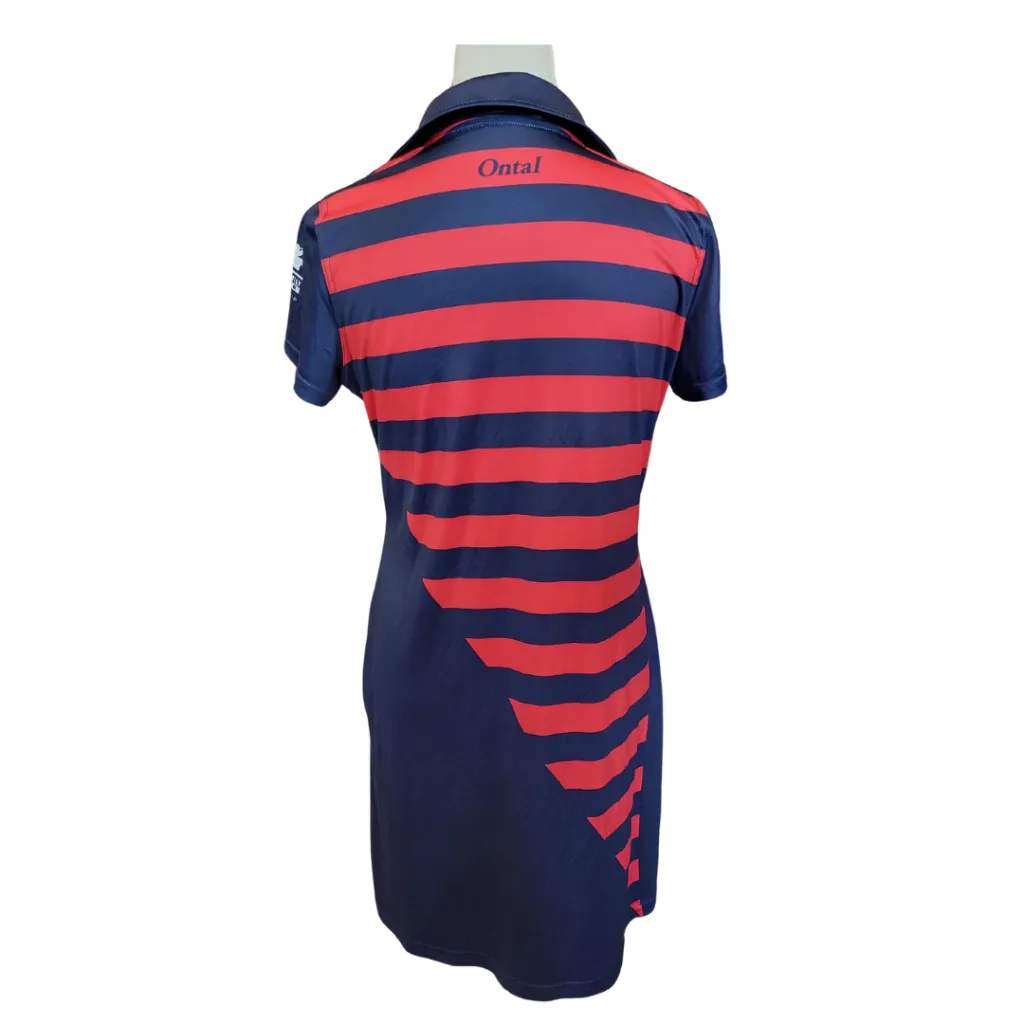 Ontal 5 Button Collared Short Sleeve Navy w/Red Stripes Polo Golf Dress Size M MSP$125