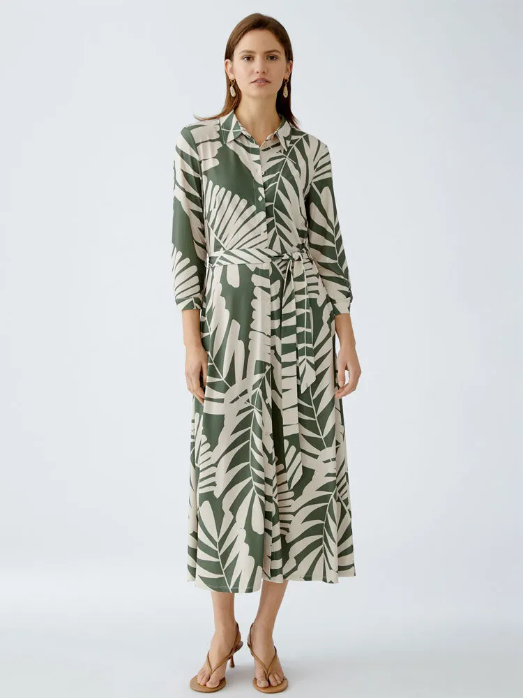 Oui Belted Dress Green & White