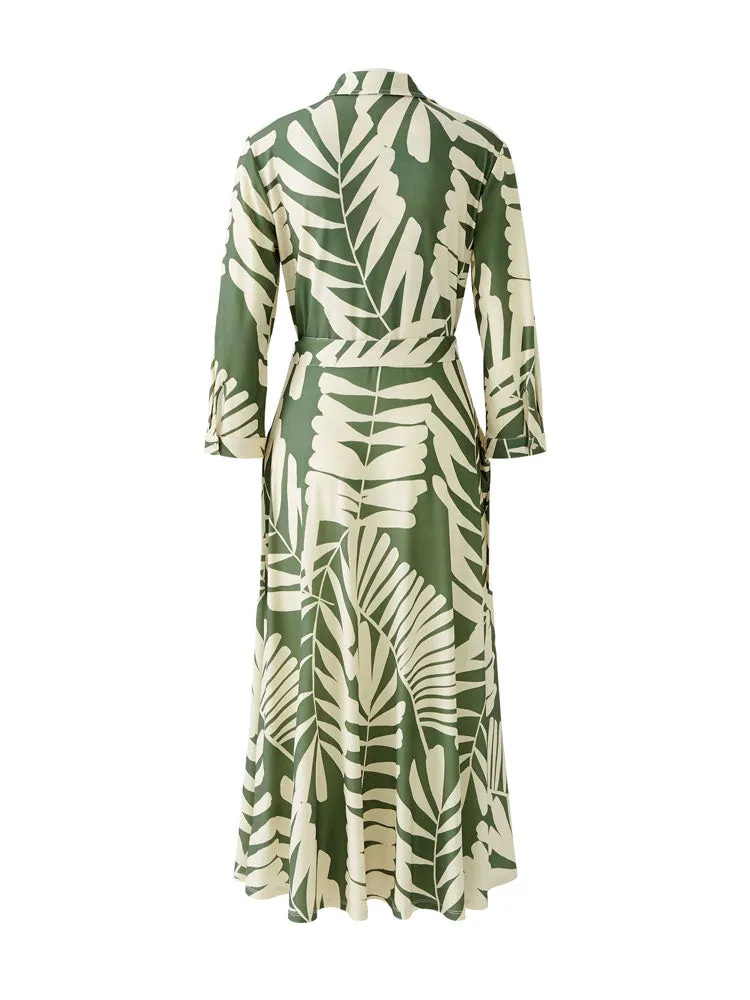 Oui Belted Dress Green & White