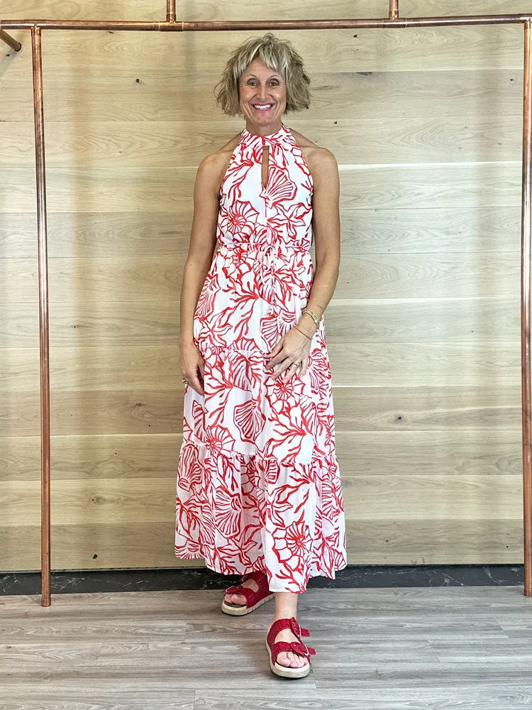 Oui Shell Print Dress Red & White