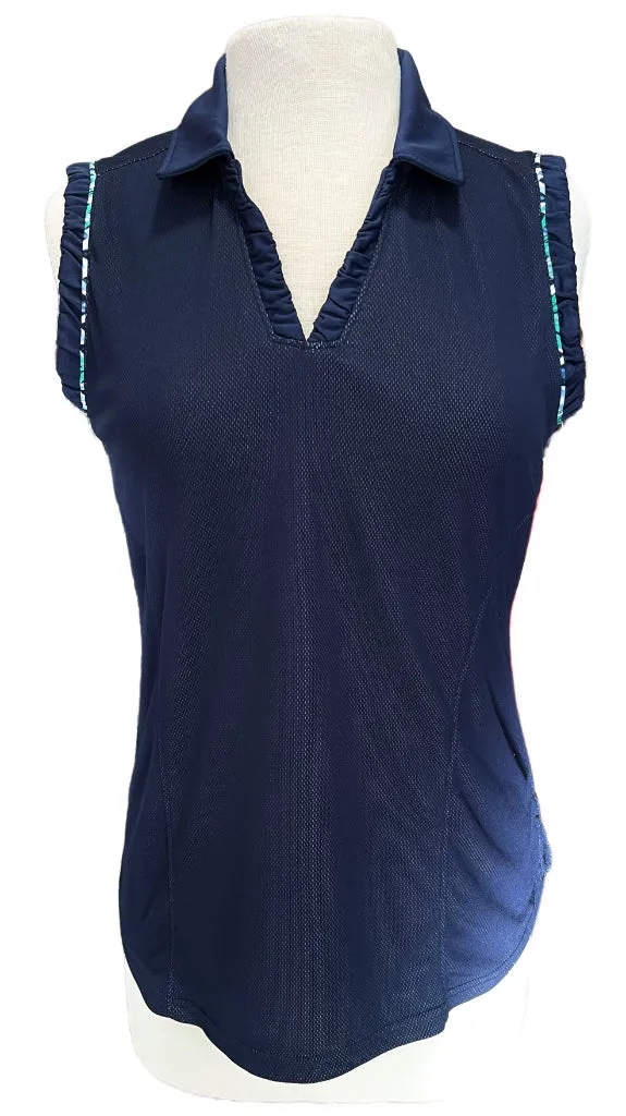 Pebble Beach Navy Ruched Sleeveless Woman's Golf Top Size L