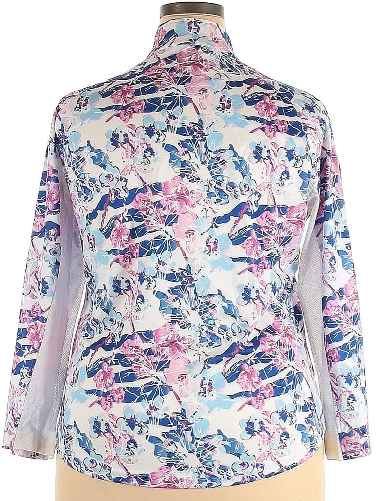 Pebble Beach White, Blue & Purple Floral Long Sleeve Sun Shirt Size XXL