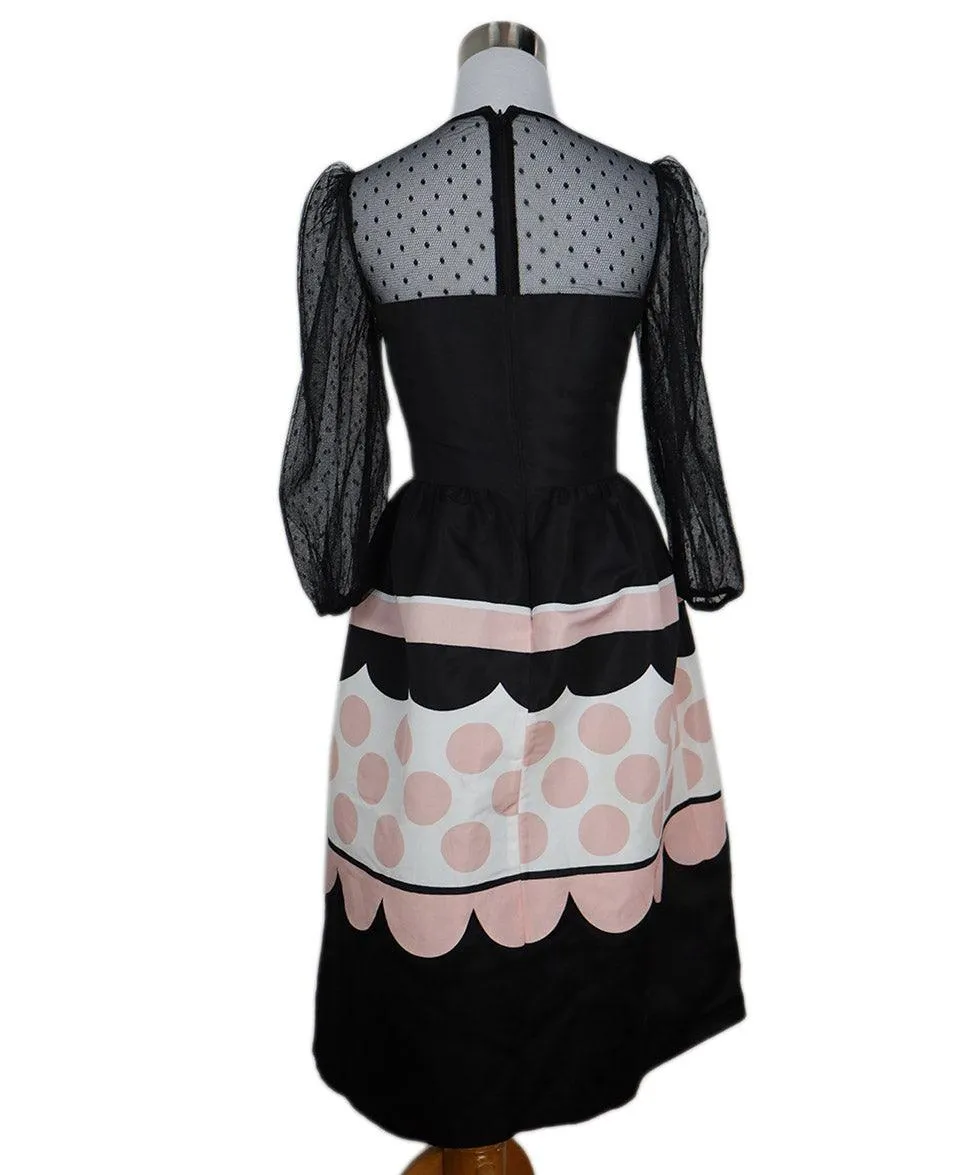 Red Valentino Black Pink & White Silk Dress w/ Lace Trim sz 2
