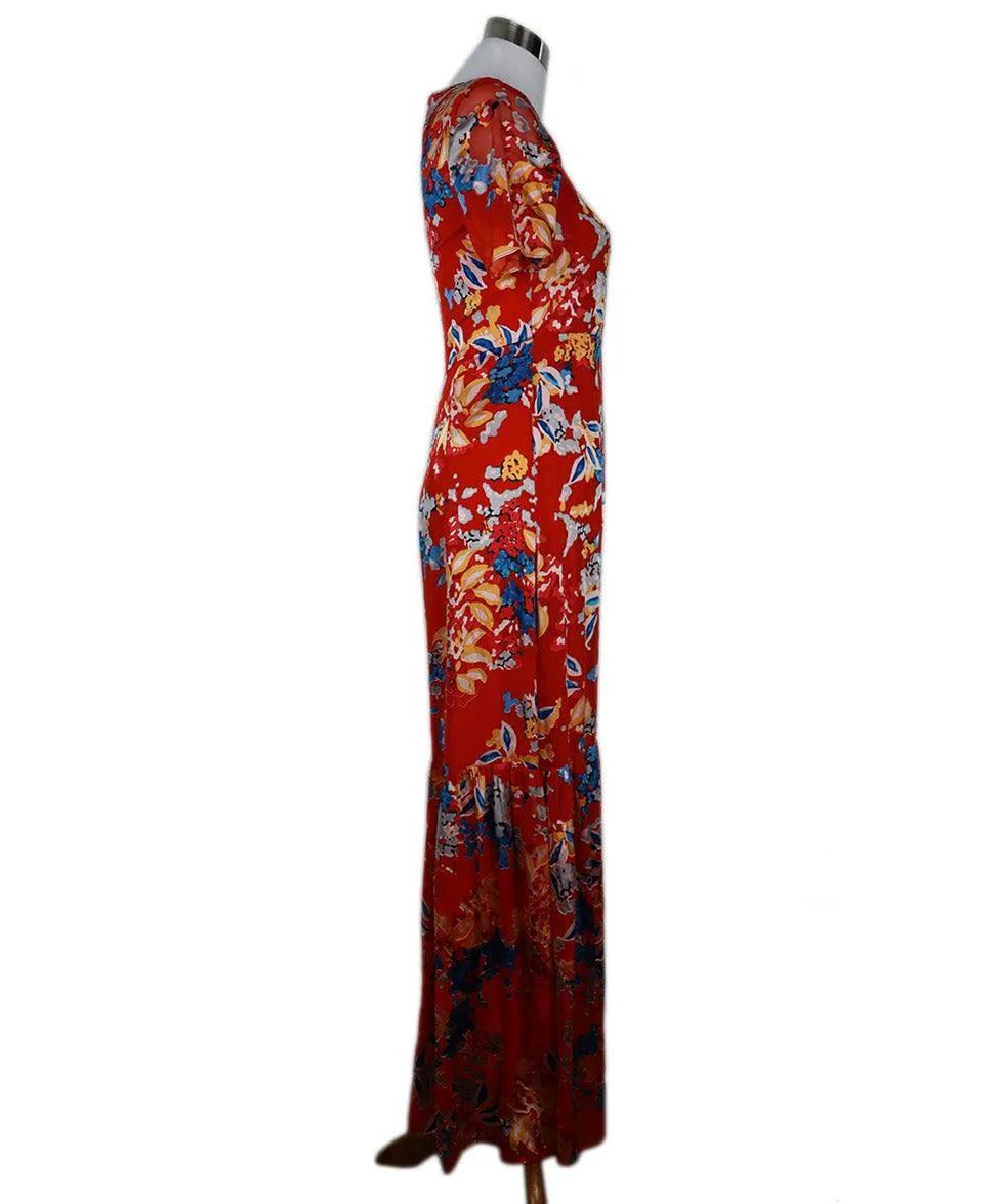 Saloni Long Red Floral Print Silk Dress sz 6