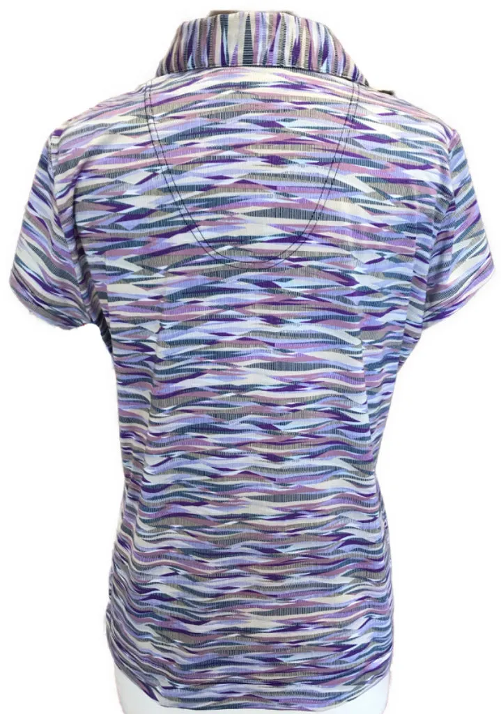 Sport Haley Purple Stripe Multicolored Collage Runched V-Neck Golf Polo Size L MSP$70