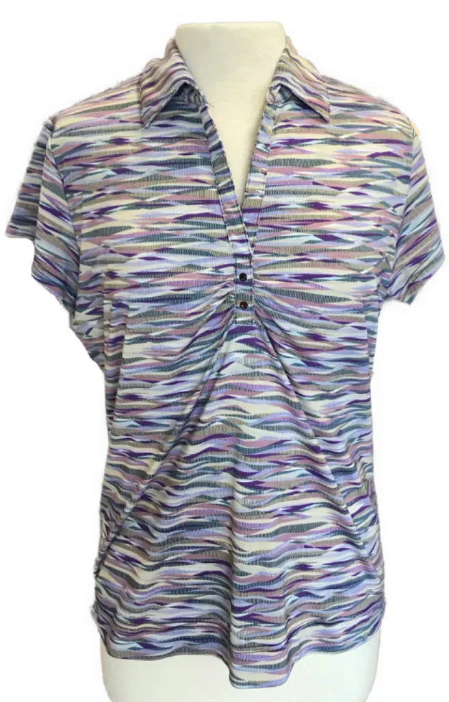 Sport Haley Purple Stripe Multicolored Collage Runched V-Neck Golf Polo Size L MSP$70