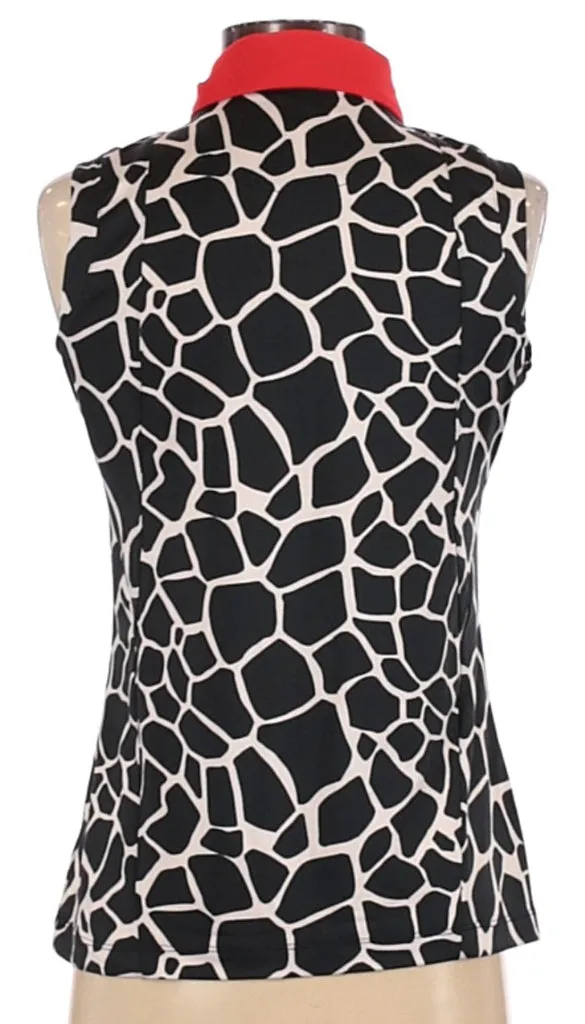 Tail Black & White Animal Print Sleeveless Polo with Red Collar Size S