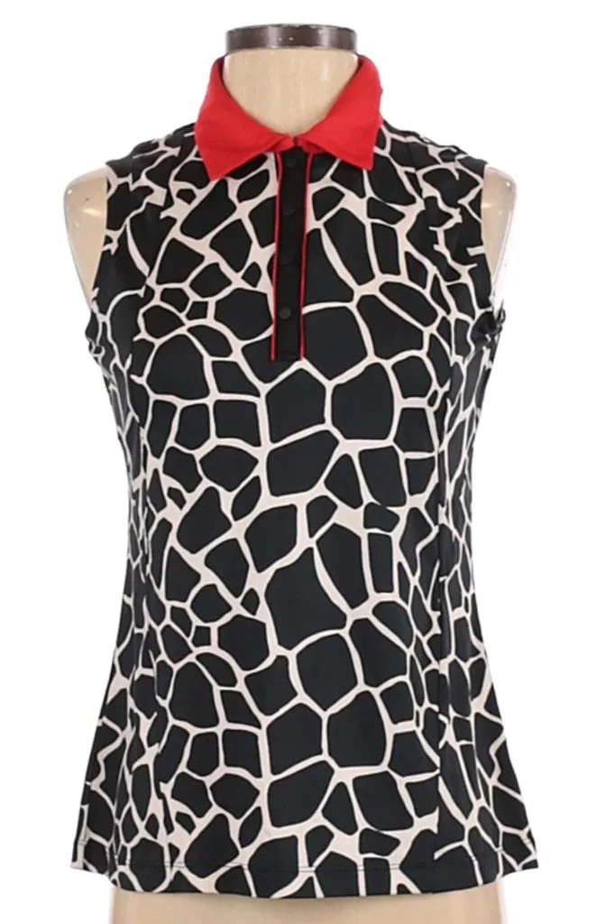 Tail Black & White Animal Print Sleeveless Polo with Red Collar Size S