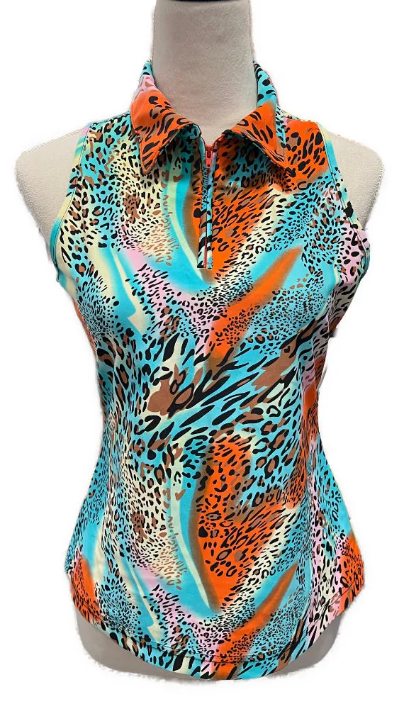 Tzu Tzu Allie Blue & Orange Animal Print Sleeveless Golf Top Size M