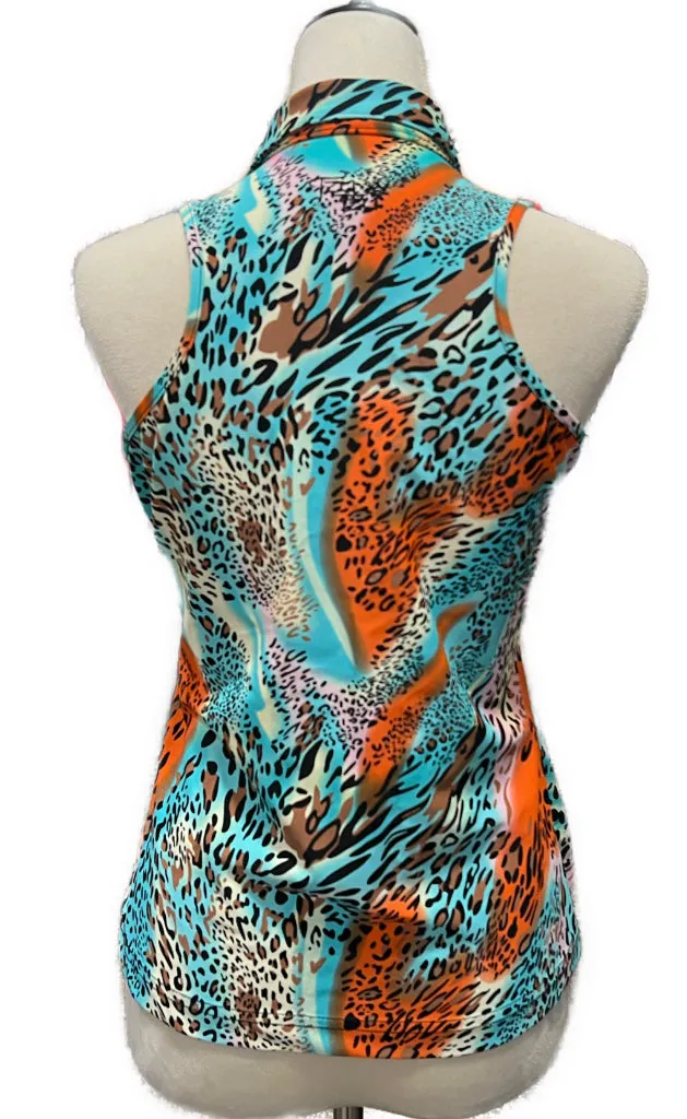 Tzu Tzu Allie Blue & Orange Animal Print Sleeveless Golf Top Size M