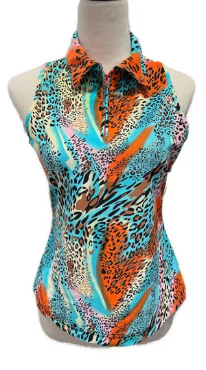 Tzu Tzu Allie Blue & Orange Animal Print Sleeveless Golf Top Size M