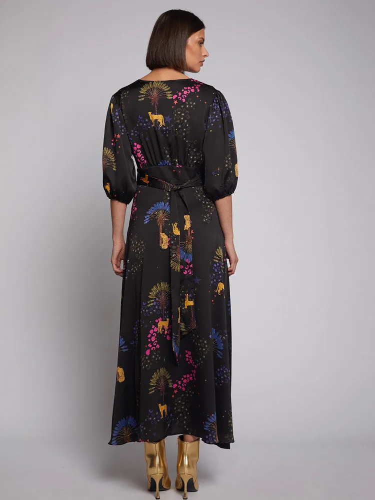 Vilagallo Natasha Midi Dress Black Cheetah Crepe Print