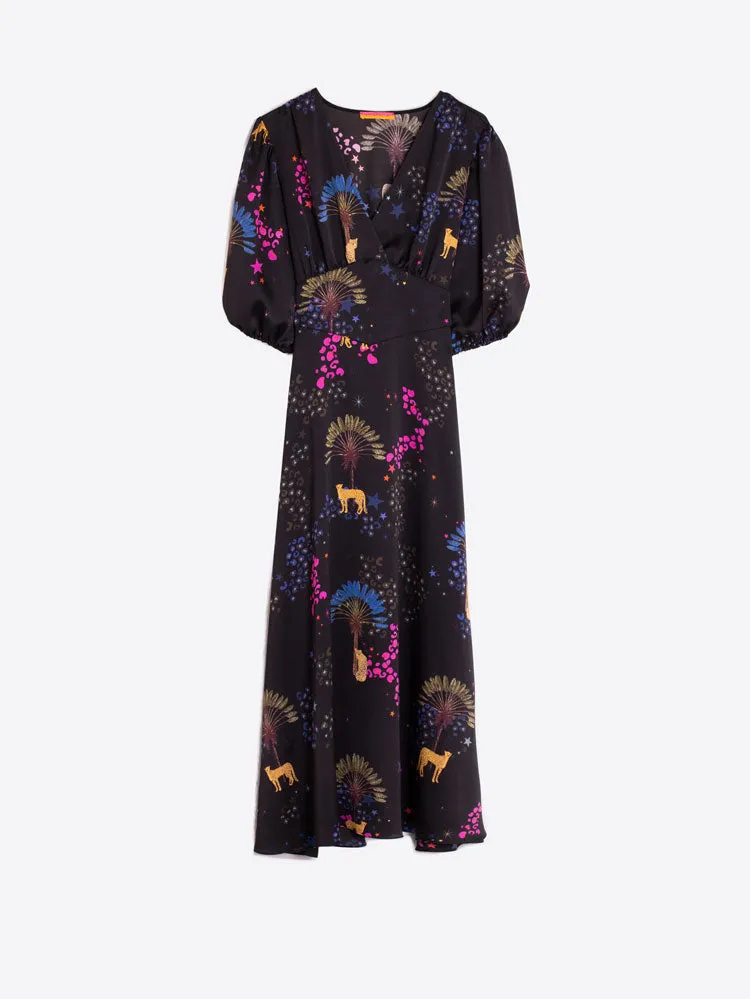 Vilagallo Natasha Midi Dress Black Cheetah Crepe Print