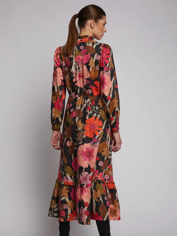 Vilagallo Theresa Dress Floral Coral Camel Print