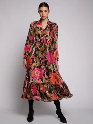 Vilagallo Theresa Dress Floral Coral Camel Print