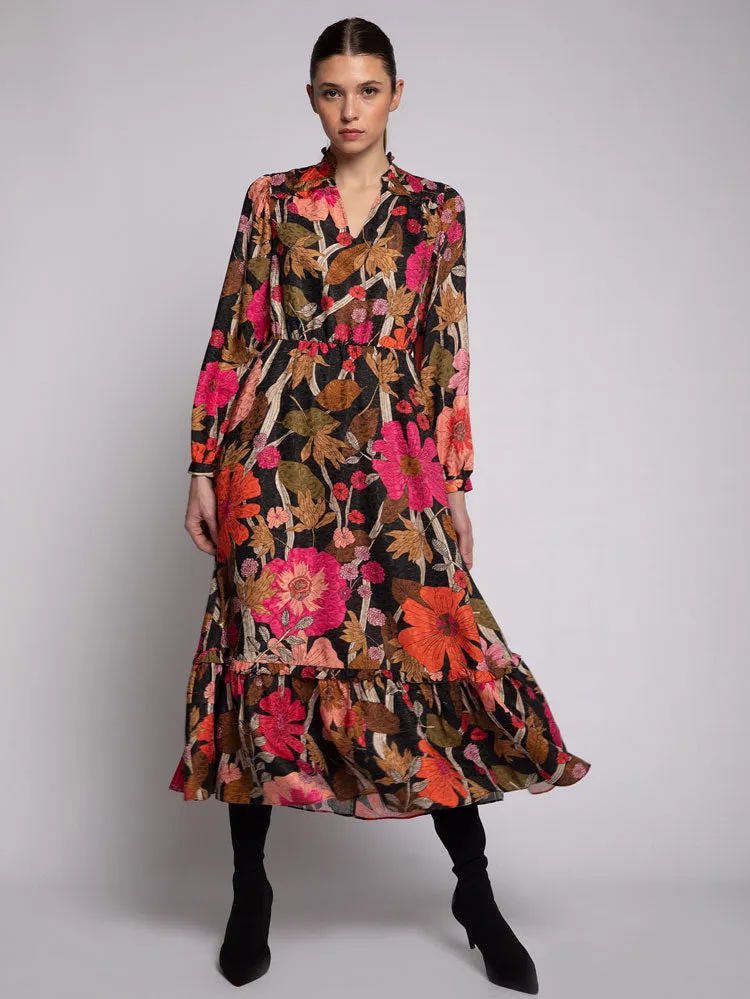 Vilagallo Theresa Dress Floral Coral Camel Print