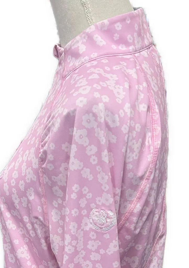 Women's G/Fore Pink Floral Silky Tech Zip Golf Pullover w/ Logo Size L MSP$155