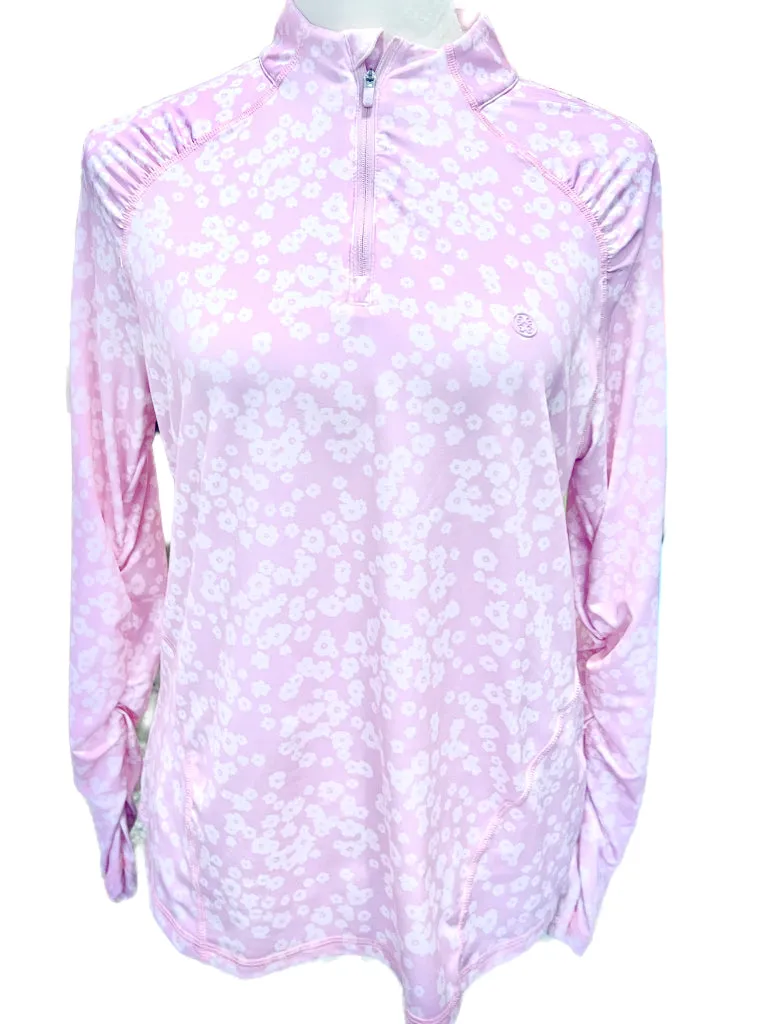 Women's G/Fore Pink Floral Silky Tech Zip Golf Pullover w/ Logo Size L MSP$155