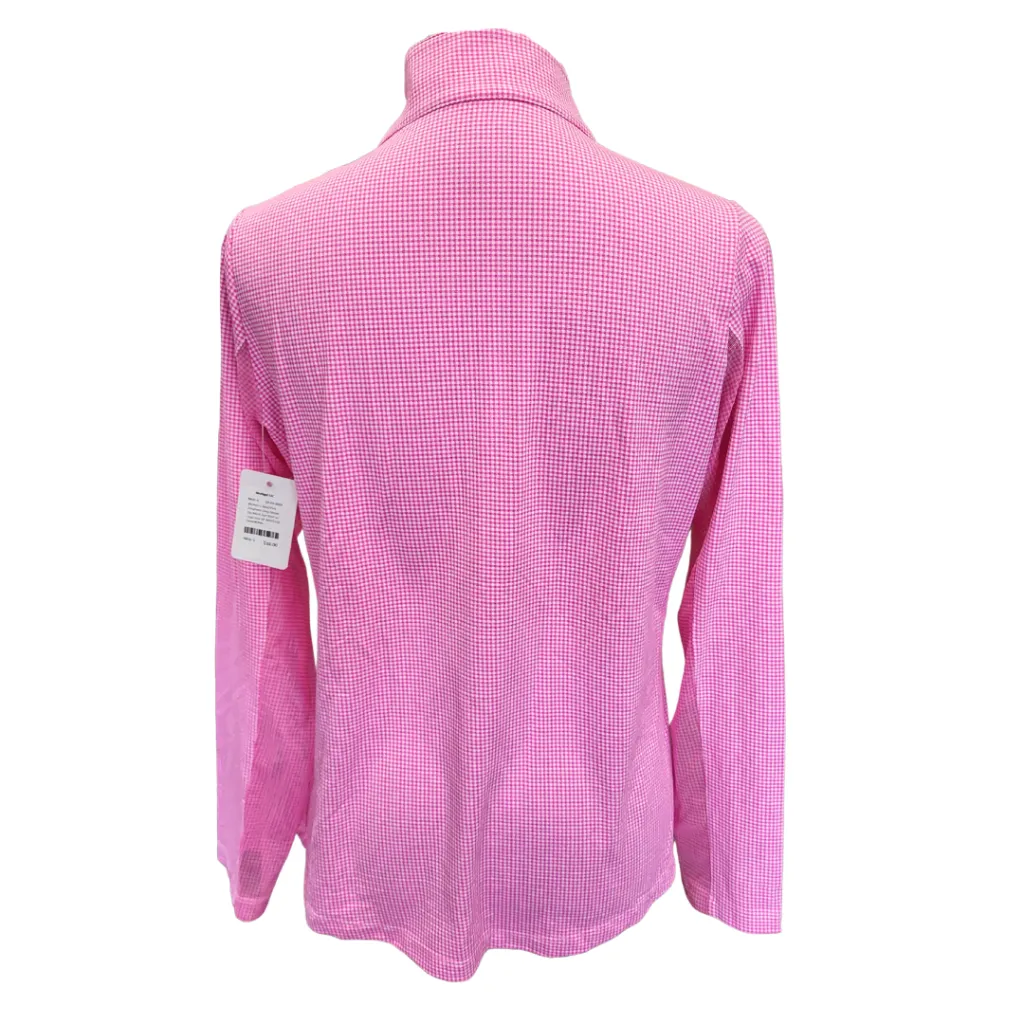 Women's Ibkul Pink Gingham Long Sleeve Zip Mock Sun Shirt w/ Logo Size M. MSP$100
