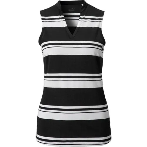 Women's Puma Cloudspun Black w/White Stripe V-neck Mini Mock Sleeveless Golf Top Size M MSP$65